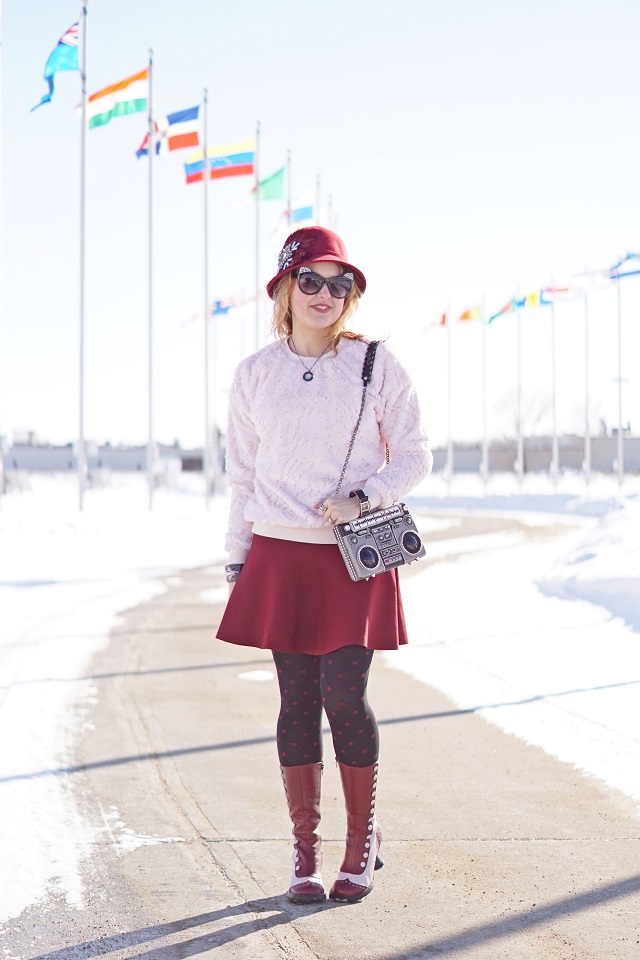 Winnipeg Canadian Fashion Stylist Consultant blog, Forever 21 pink rose faux fur sweater, Something Special burgundy wool bell hat Winners, Mary Frances Boom Box Tuned in clutch purse novelty bag, BCBG Max Azria Ingrid wine burgundy flaired skirt, Origami Owl customized locket jewellery, dconstruct eco-friendly recycled earrings, Isaac Mizrahi bow bangle watch, Swarovski black enamel crystal bangle, John Fluevog special limited edition pink wine Mini Babycake victorian boots